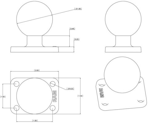 Głowica obrotowa o średnicy 1.5" o podstawie prostokątnej