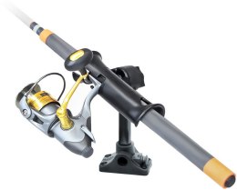 Uchwyt do wędek z ramieniem zapadkowym oraz podstawą do montażu na powierzchni płaskiej.