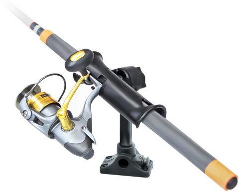 Uchwyt do wędek z ramieniem zapadkowym oraz podstawą do montażu na powierzchni płaskiej.