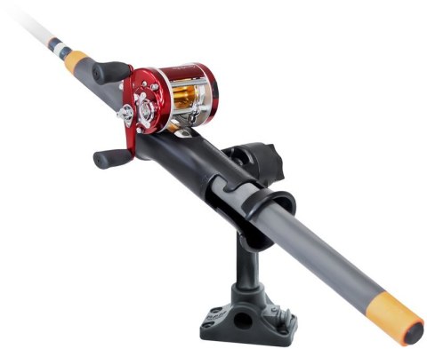 Uchwyt do wędek z ramieniem zapadkowym oraz podstawą do montażu na powierzchni płaskiej.