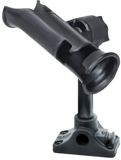 Uchwyt do wędek z ramieniem zapadkowym oraz podstawą do montażu na powierzchni płaskiej.