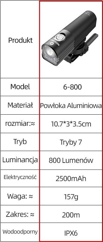 ROCKBROS Lampka rowerowa przednia 800LM (V6-800)